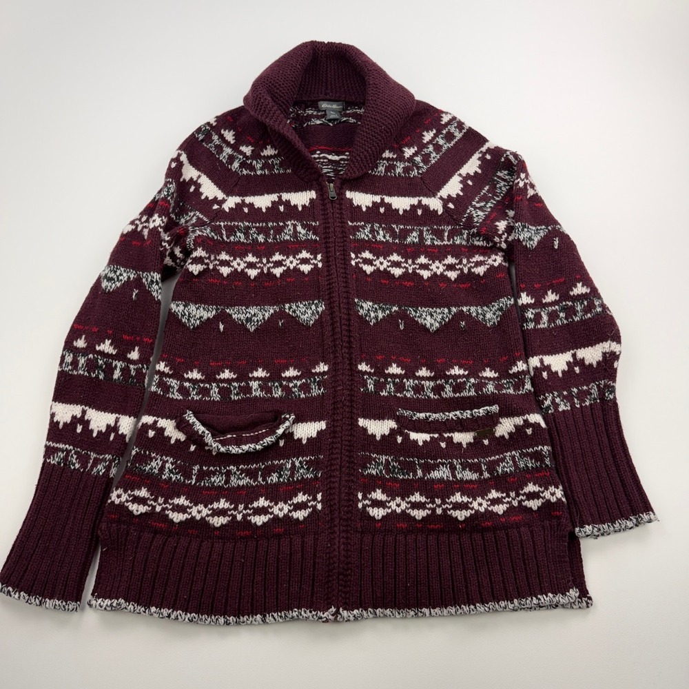 Eddie Bauer Sweater Women Large Red Wool Blend Cardigan Aztec Fair Isle Full Zip